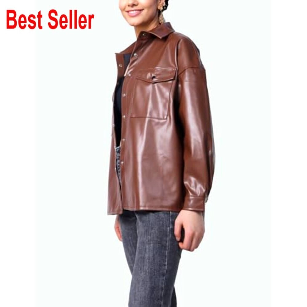 PU Leather Shacket Button Down Lapel Blazer Coat with Bust Pocket - Picture 3 of 7